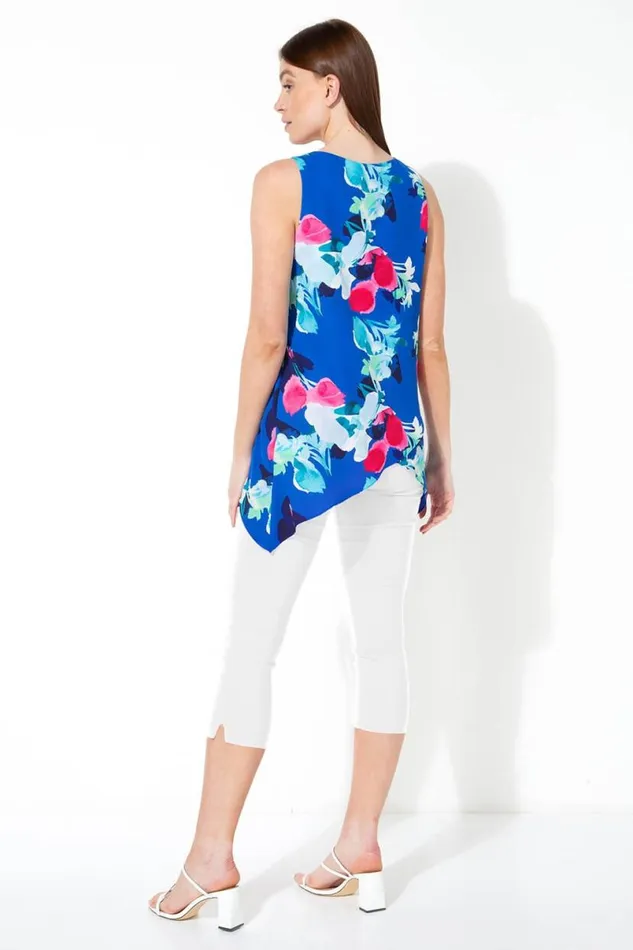 Royal Blue Floral Print Asymmetric Top With Necklace Women Roman Tops