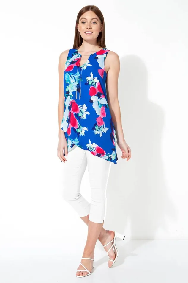 Royal Blue Floral Print Asymmetric Top With Necklace Women Roman Tops