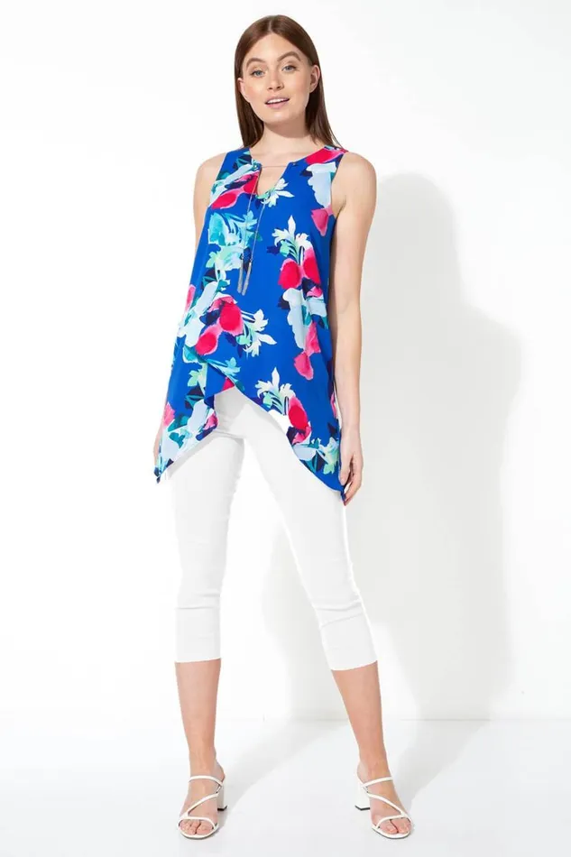 Royal Blue Floral Print Asymmetric Top With Necklace Women Roman Tops