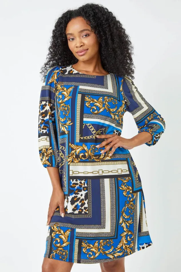 Royal Blue Petite Abstract Animal Print Shift Dress Women Roman Dresses