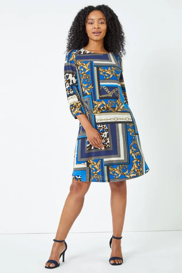Royal Blue Petite Abstract Animal Print Shift Dress Women Roman Dresses