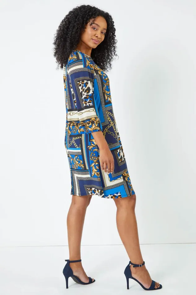 Royal Blue Petite Abstract Animal Print Shift Dress Women Roman Dresses