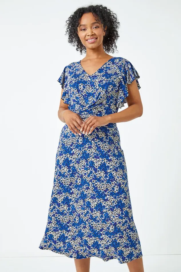 Royal Blue Petite Twist Front Floral Dress Women Roman Dresses