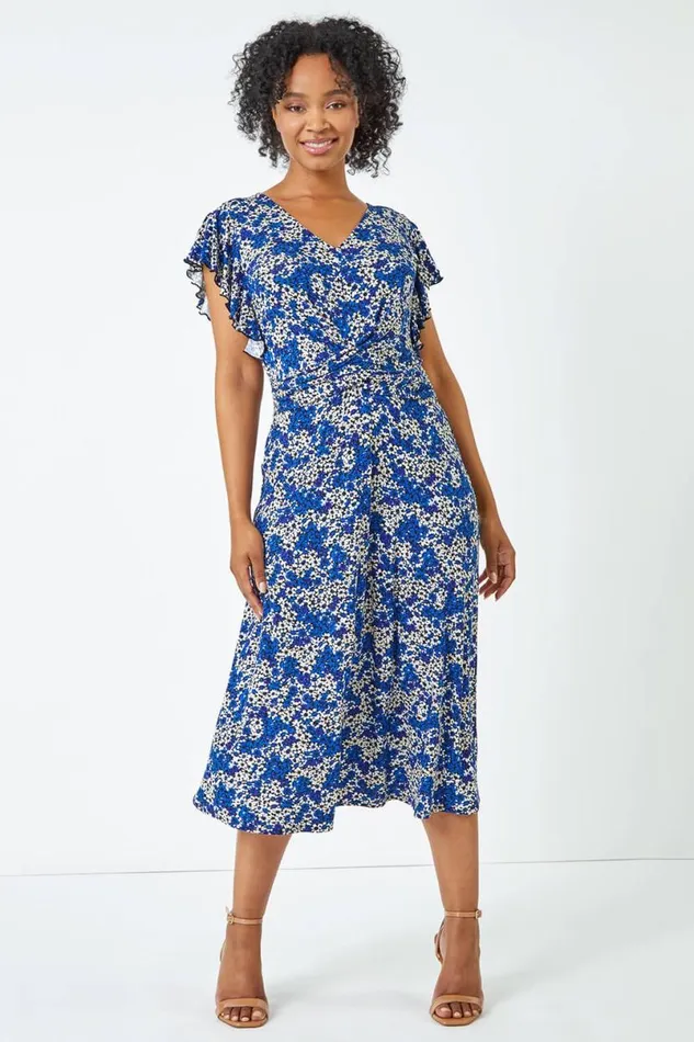 Royal Blue Petite Twist Front Floral Dress Women Roman Dresses