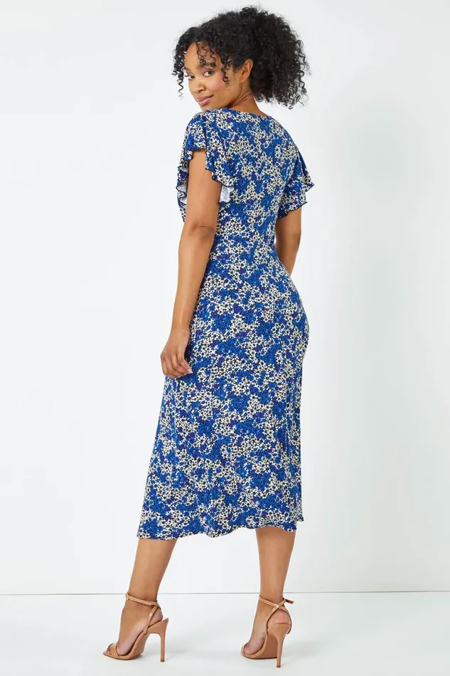 Royal Blue Petite Twist Front Floral Dress Women Roman Dresses