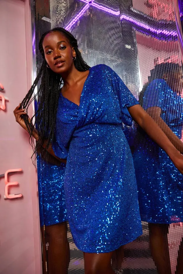 Royal Blue Sequin Embellished Wrap Skater Stretch Dress Women Roman Dresses