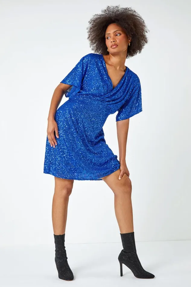 Royal Blue Sequin Embellished Wrap Skater Stretch Dress Women Roman Dresses