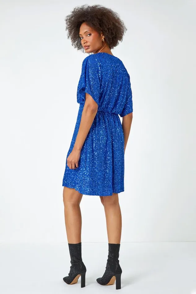 Royal Blue Sequin Embellished Wrap Skater Stretch Dress Women Roman Dresses