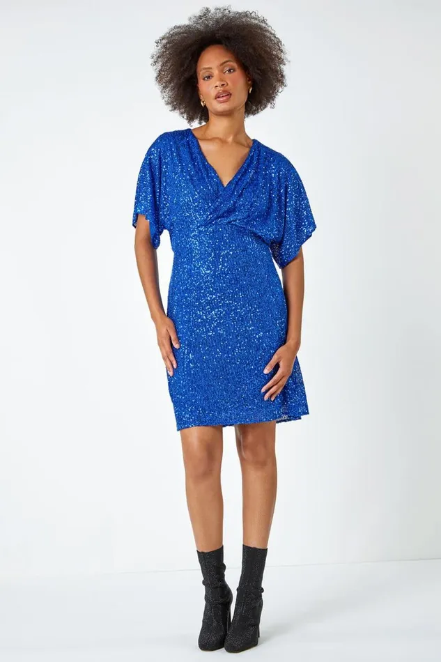 Royal Blue Sequin Embellished Wrap Skater Stretch Dress Women Roman Dresses