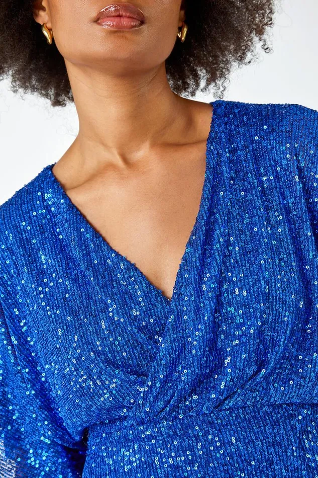 Royal Blue Sequin Embellished Wrap Skater Stretch Dress Women Roman Dresses