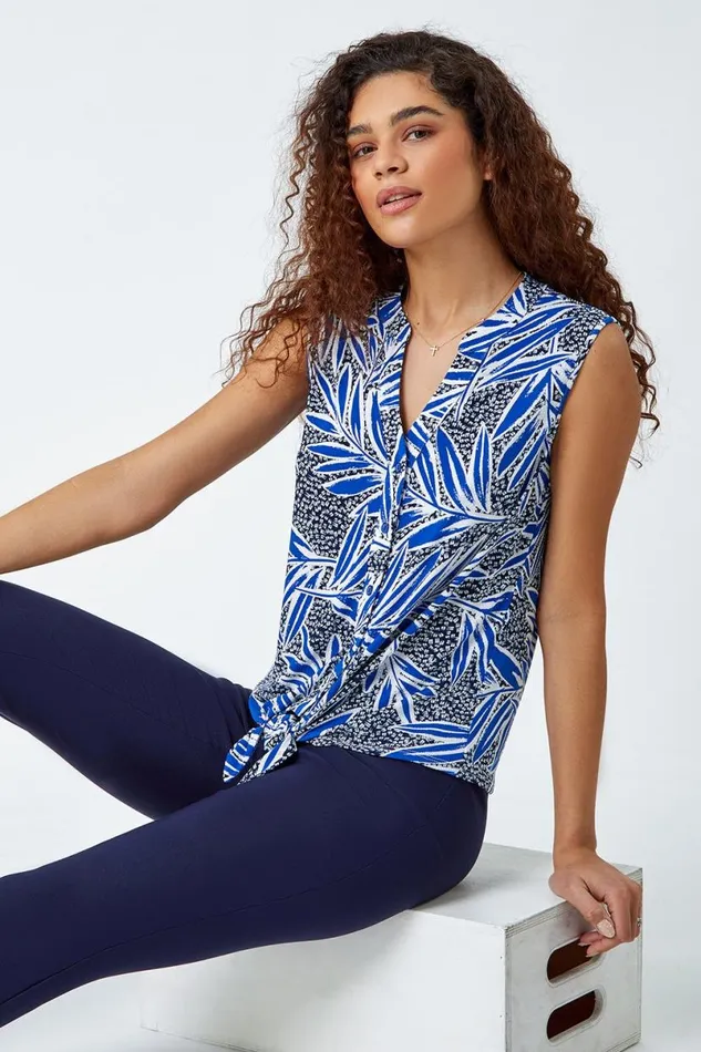 Royal Blue Textured Palm Print VNeck Stretch Blouse Women Roman Tops