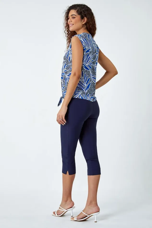 Royal Blue Textured Palm Print VNeck Stretch Blouse Women Roman Tops