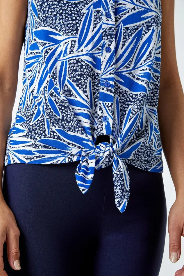 Royal Blue Textured Palm Print VNeck Stretch Blouse Women Roman Tops