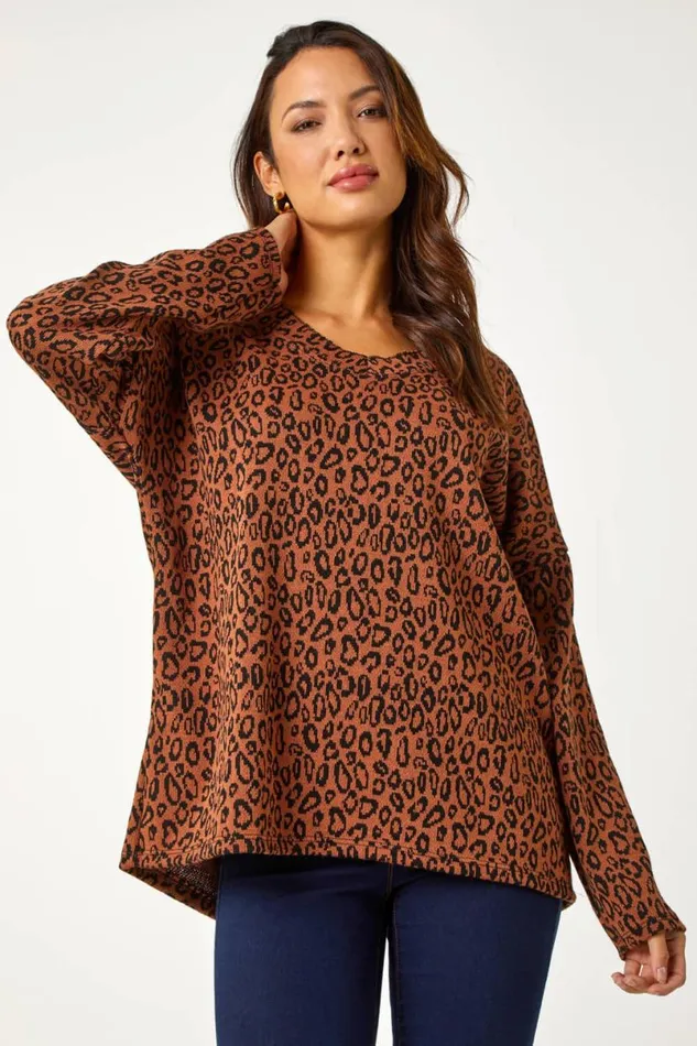 Rust Animal Print Stretch Tunic Top Women Roman Tops