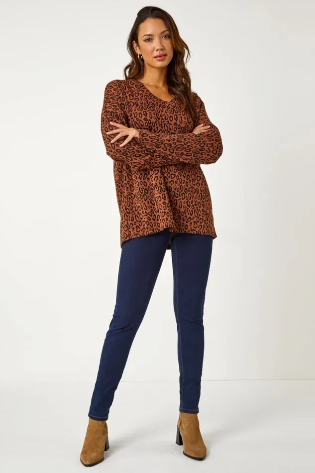 Rust Animal Print Stretch Tunic Top Women Roman Tops