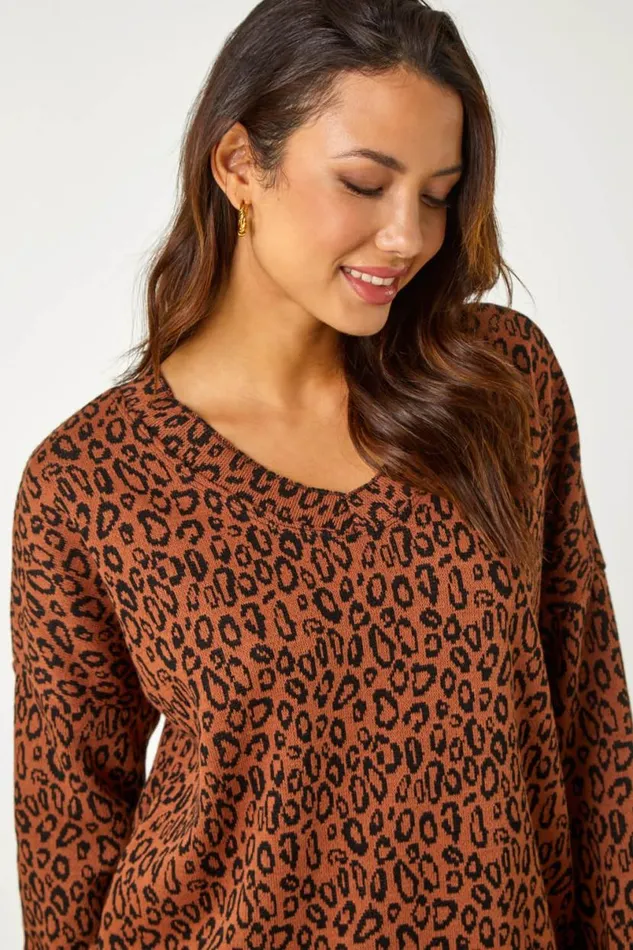 Rust Animal Print Stretch Tunic Top Women Roman Tops