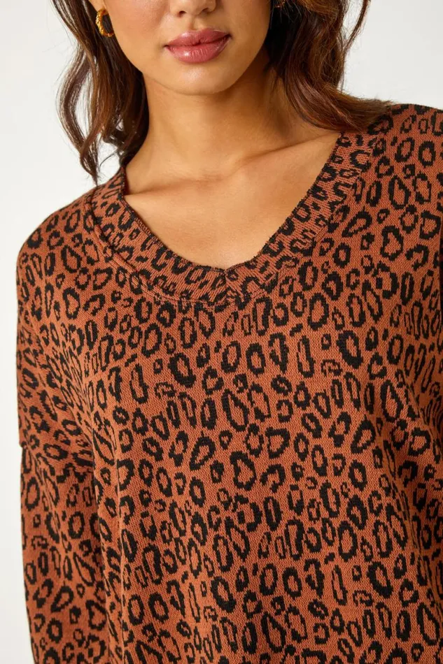 Rust Animal Print Stretch Tunic Top Women Roman Tops