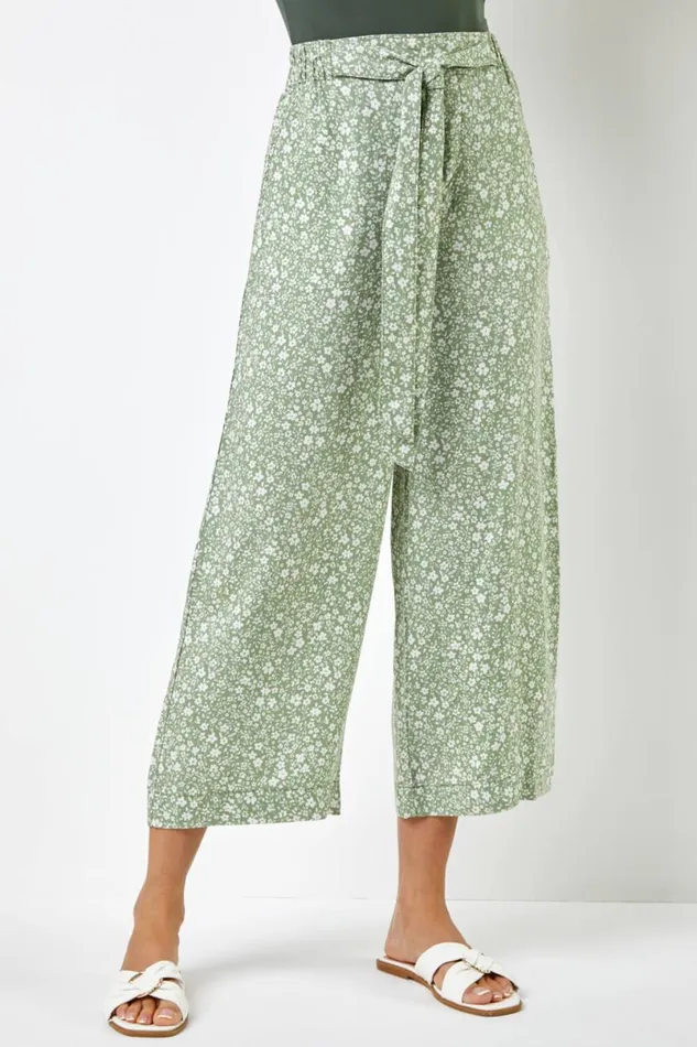 Sage Ditsy Floral Elastic Tie Waist Cropped Culottes Women Roman Trousers