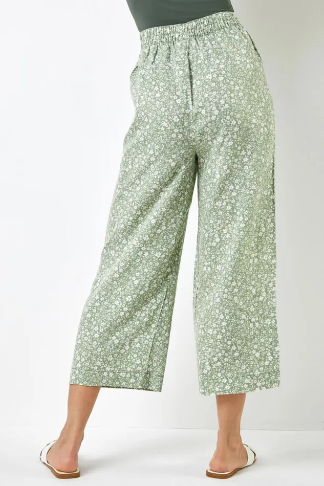 Sage Ditsy Floral Elastic Tie Waist Cropped Culottes Women Roman Trousers