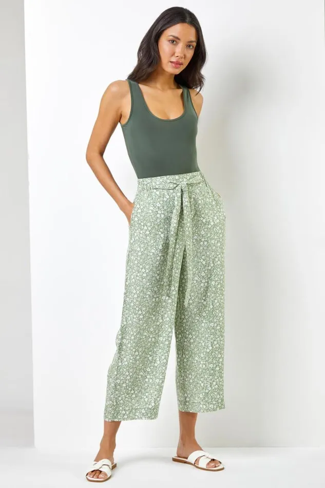 Sage Ditsy Floral Elastic Tie Waist Cropped Culottes Women Roman Trousers