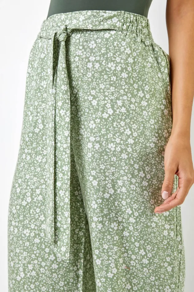 Sage Ditsy Floral Elastic Tie Waist Cropped Culottes Women Roman Trousers