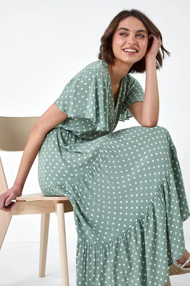 Sage Polka Dot Tiered Smock Dress Women Roman Dresses