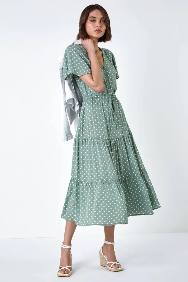 Sage Polka Dot Tiered Smock Dress Women Roman Dresses