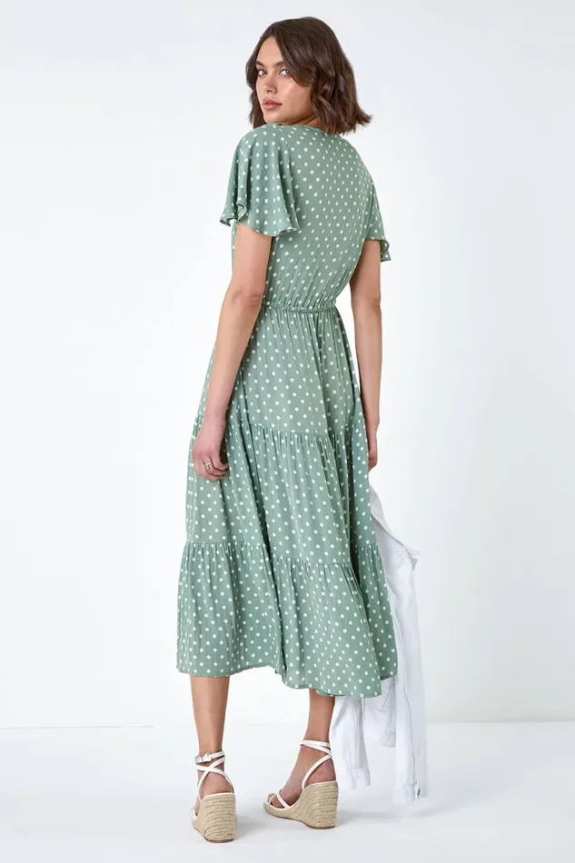 Sage Polka Dot Tiered Smock Dress Women Roman Dresses