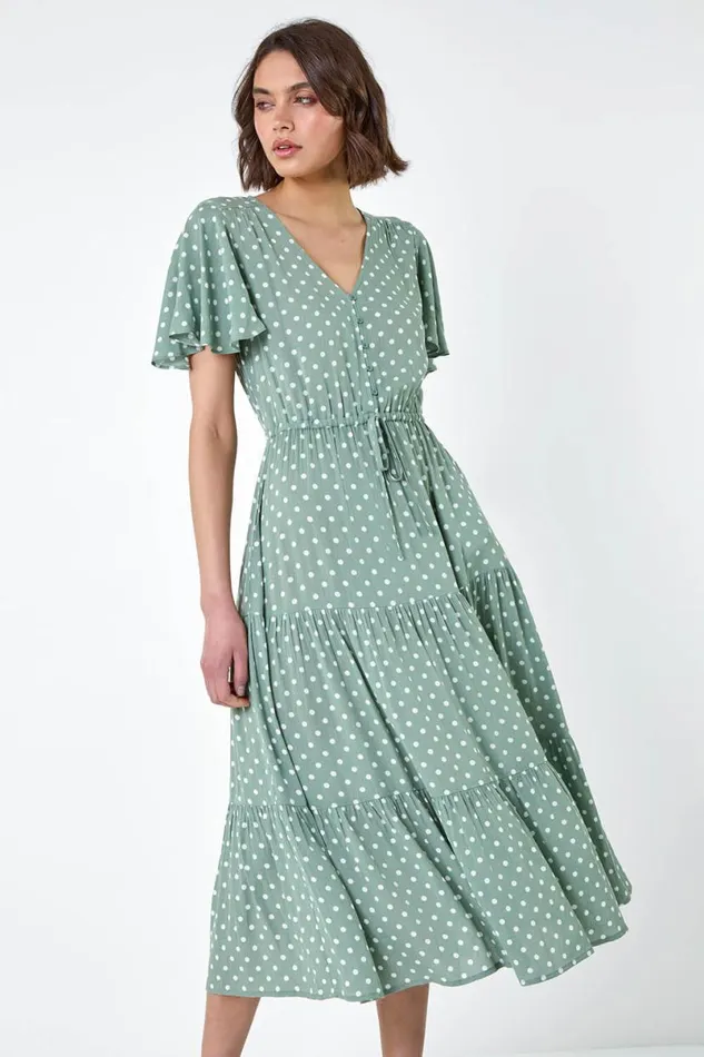 Sage Polka Dot Tiered Smock Dress Women Roman Dresses