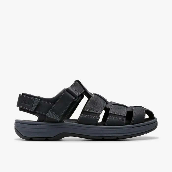 Saltway Cove Black Leather Men Clarks Sandals and Flip Flops
