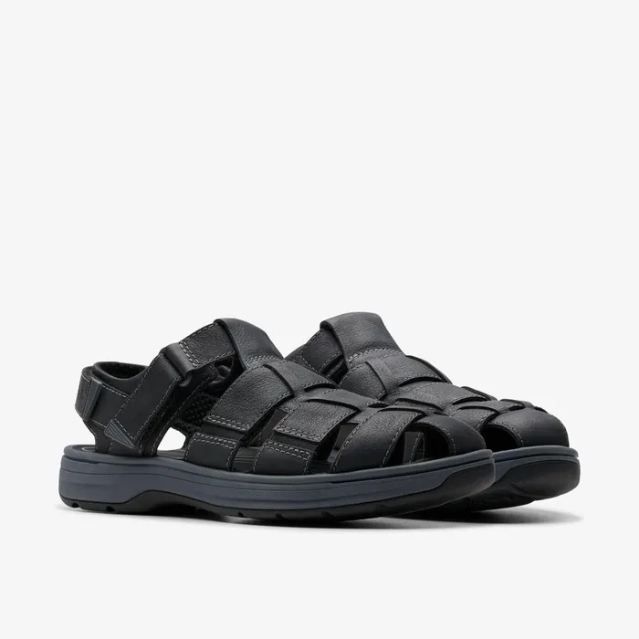 Saltway Cove Black Leather Men Clarks Sandals and Flip Flops