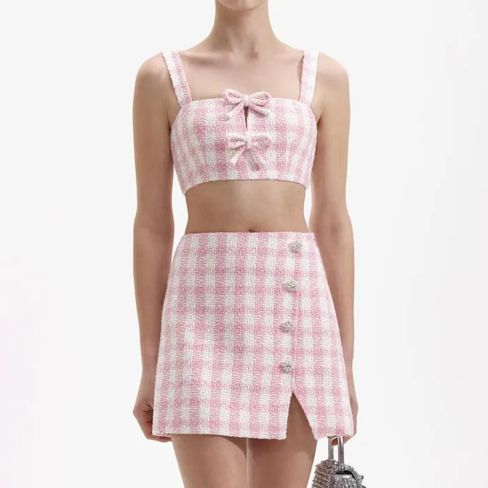 Self Portrait Bottoms Pink Check Boucle Mini Skirt 8211 Women