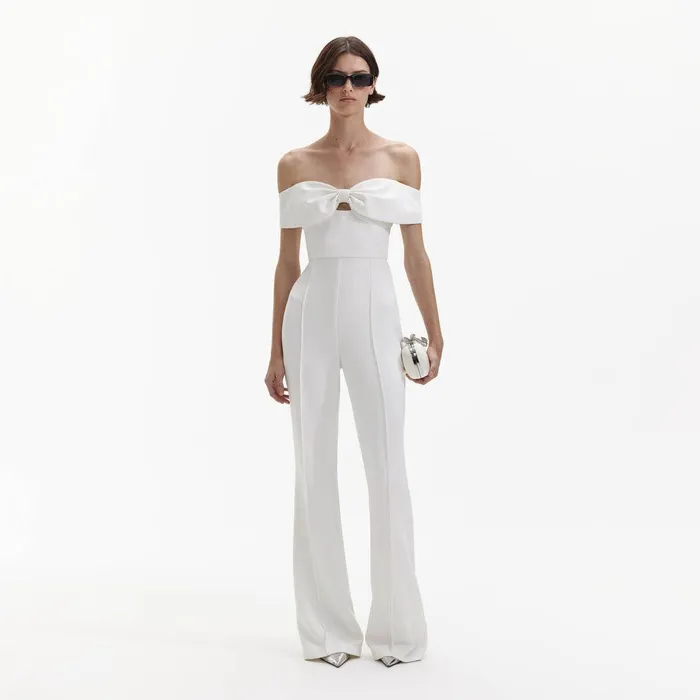 Self Portrait Bottoms White Crepe Bow Jumpsuit 8211 Women