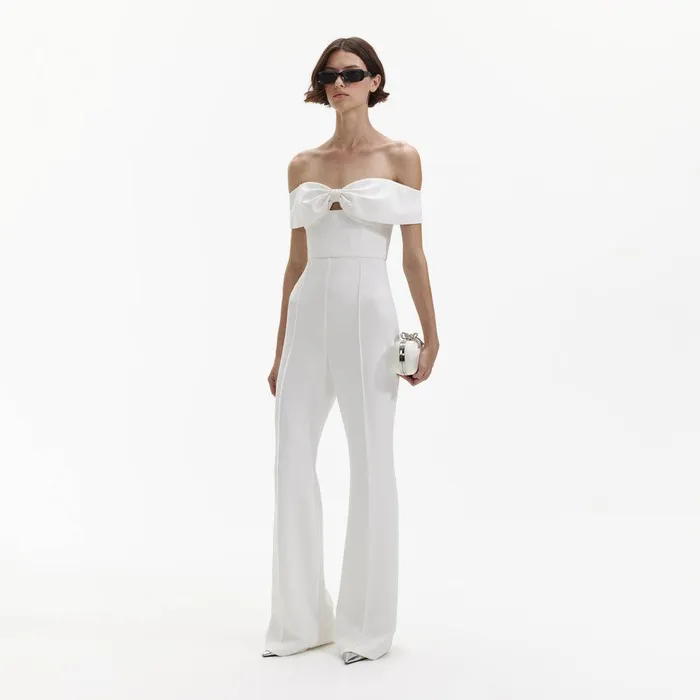 Self Portrait Bottoms White Crepe Bow Jumpsuit 8211 Women