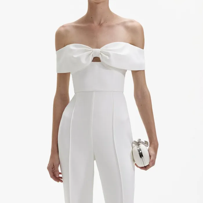 Self Portrait Bottoms White Crepe Bow Jumpsuit 8211 Women