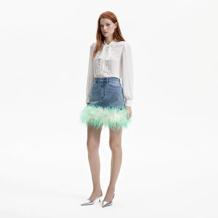 Self Portrait Denim Blue Rhinestone Feather Denim Skirt 8211 Women