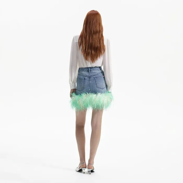 Self Portrait Denim Blue Rhinestone Feather Denim Skirt 8211 Women