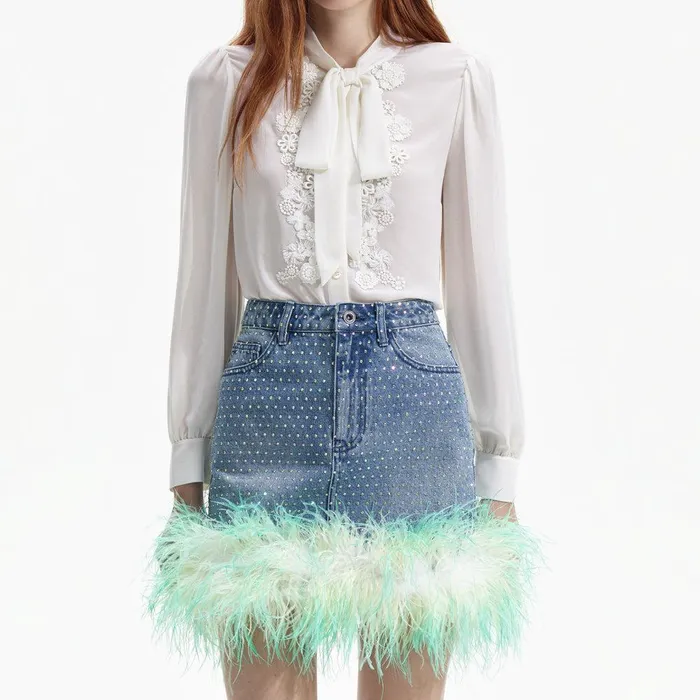 Self Portrait Denim Blue Rhinestone Feather Denim Skirt 8211 Women