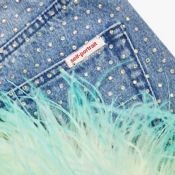 Self Portrait Denim Blue Rhinestone Feather Denim Skirt 8211 Women