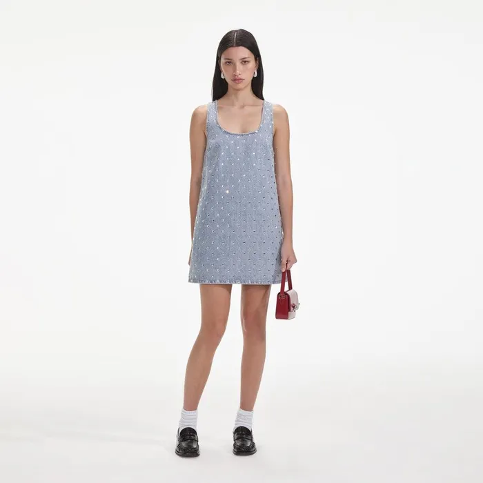 Self Portrait Denim Square Rhinestone Denim Mini Dress 8211 Women