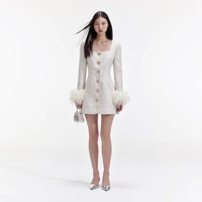 Self Portrait Dresses Cream Boucle Feather Mini Dress 8211 Women