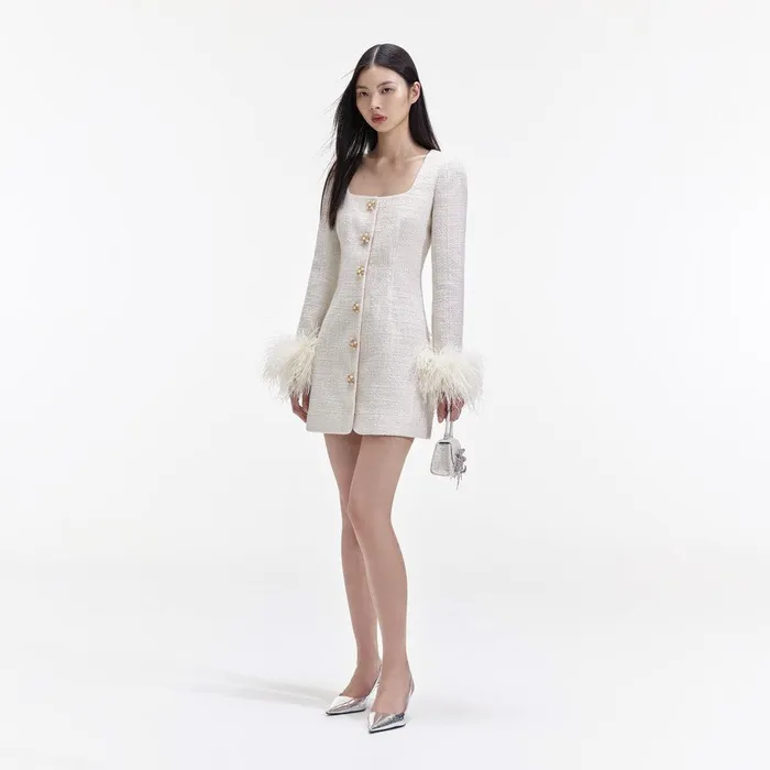 Self Portrait Dresses Cream Boucle Feather Mini Dress 8211 Women