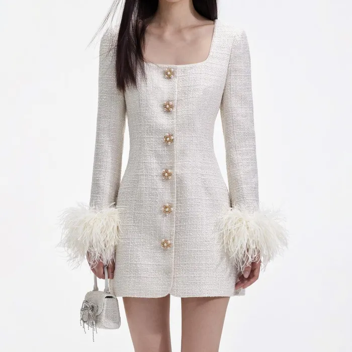 Self Portrait Dresses Cream Boucle Feather Mini Dress 8211 Women