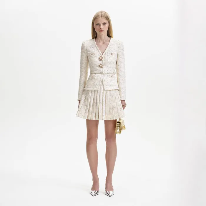 Self Portrait Dresses Cream Metallic Boucle Mini Jacket Dress 8211 Women