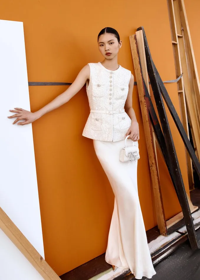 Self Portrait Dresses Cream Sequin Boucle Maxi Dress 8211 Women