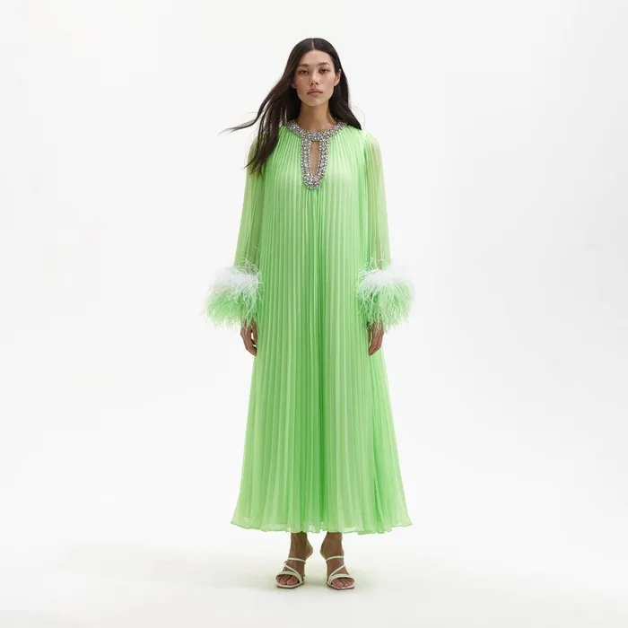 Self Portrait Dresses Green Chiffon Feather Midi Dress 8211 Women