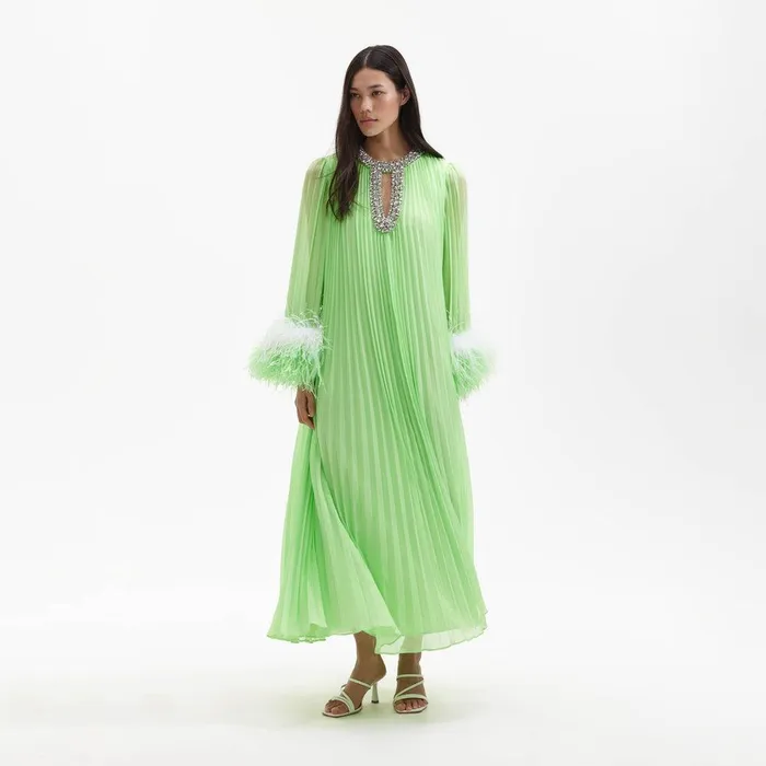 Self Portrait Dresses Green Chiffon Feather Midi Dress 8211 Women