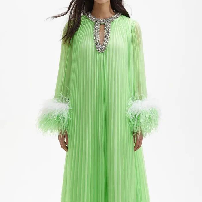 Self Portrait Dresses Green Chiffon Feather Midi Dress 8211 Women