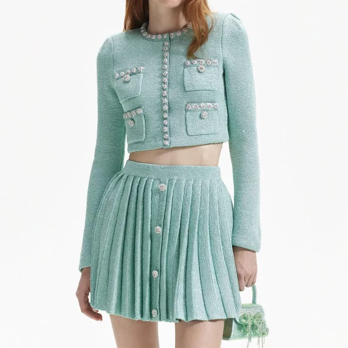 Self Portrait Knitwear Mint Sequin Pleated Knit Skirt 8211 Women