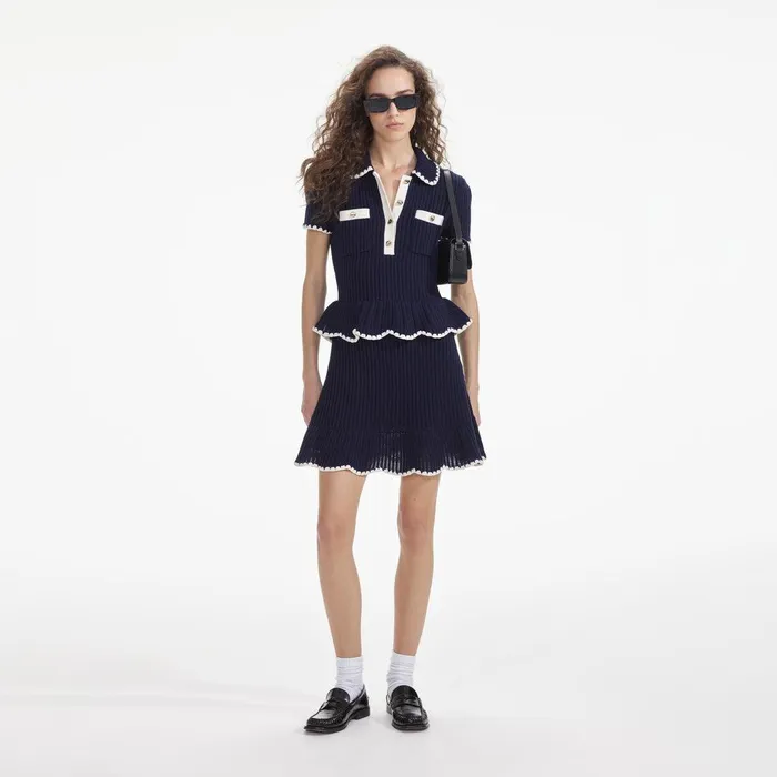 Self Portrait Knitwear Navy Crochet Flared Mini Dress 8211 Women